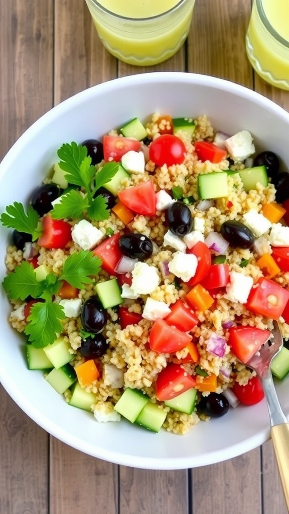 A colorful Mediterranean quinoa Greek salad with fresh vegetables and feta cheese in a bowl on a wooden table.